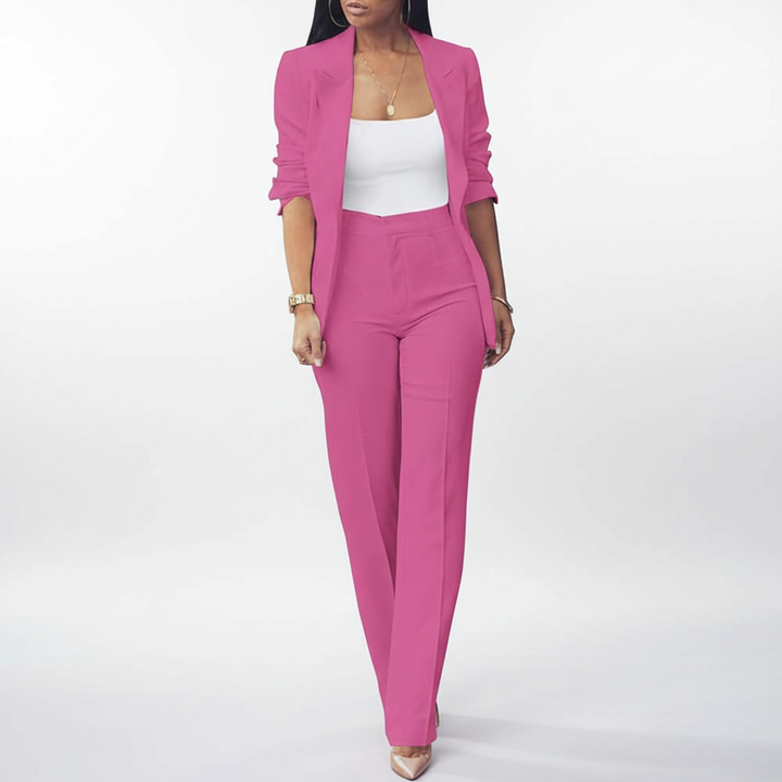 Comfortable women's blazer & slim trousers set, designed for style and ease in the workplace.