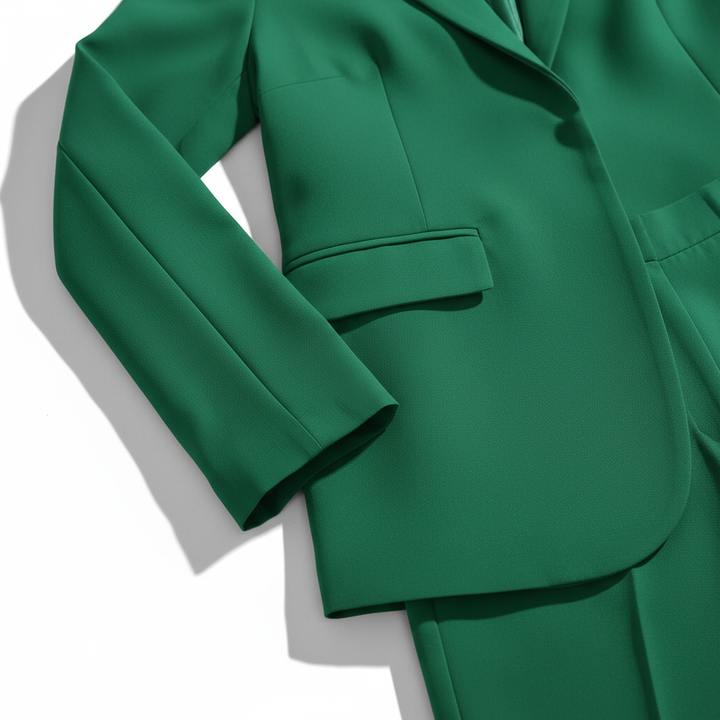Stylish women's two-piece pantsuit, a comfortable and elegant fall fashion workwear option.