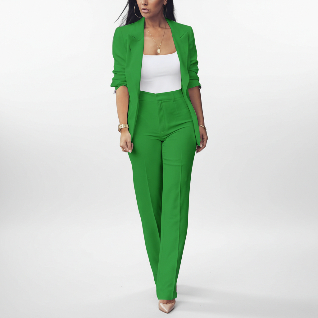 Professional women's suit with tailored blazer and slim pants, a classic workwear ensemble.