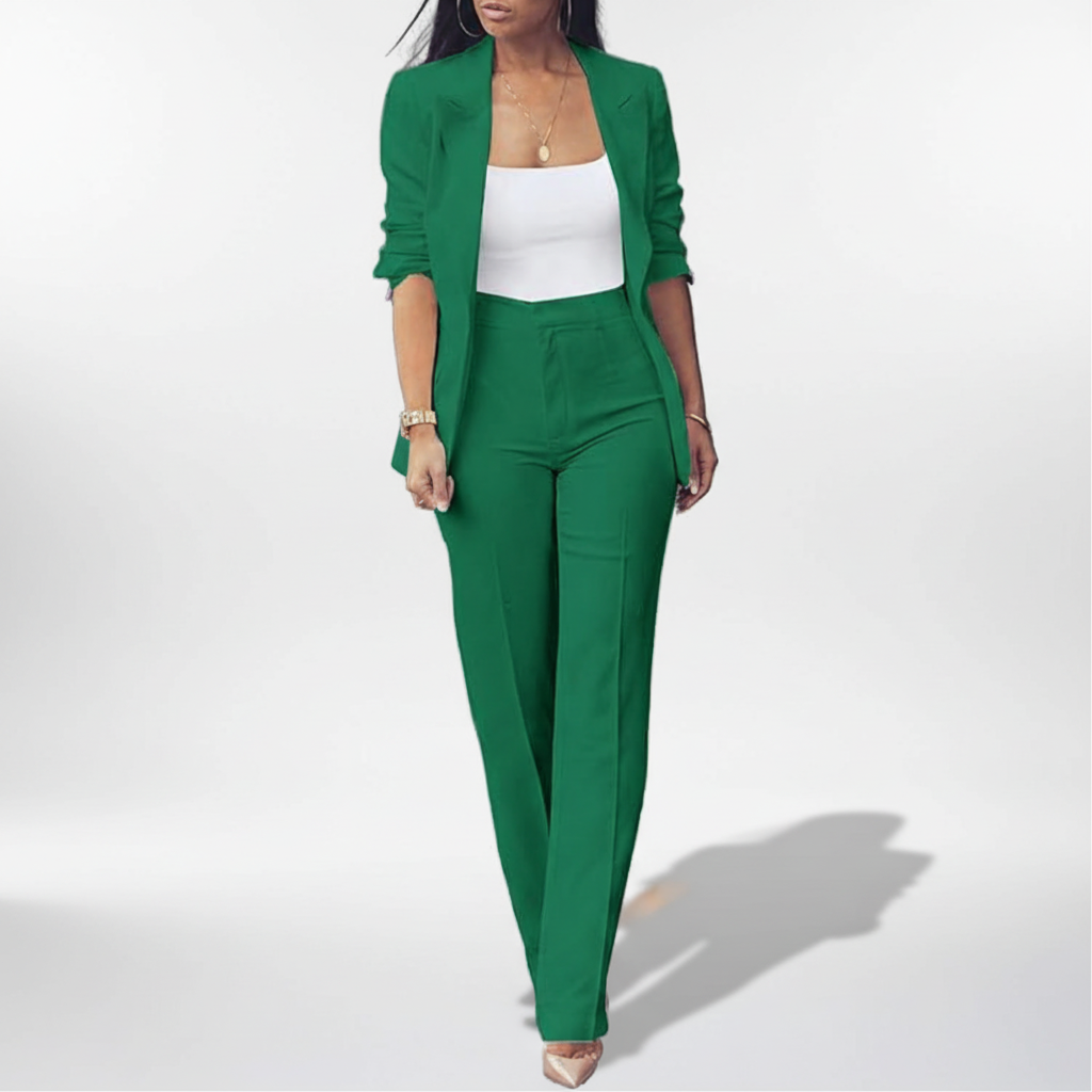 Fashionable women's blazer & slim trousers combo, offering comfort and style for fall.