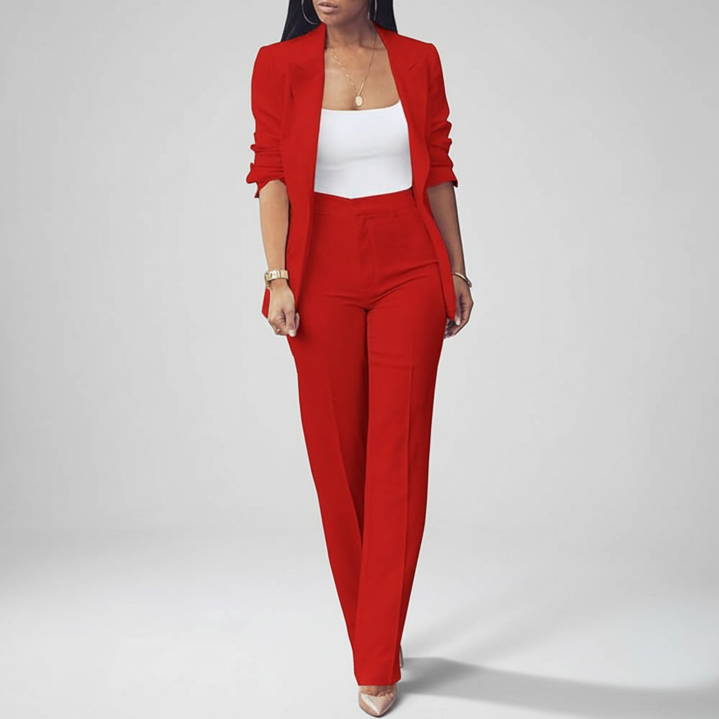 Women's formal wear: an elegant blazer and coordinated slim trousers for a polished look.