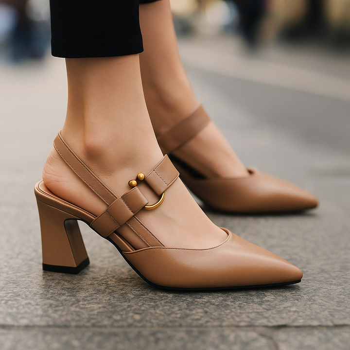 Comfortable dual strap block heels for women, featuring a chic golden ring, ideal as evening shoes.