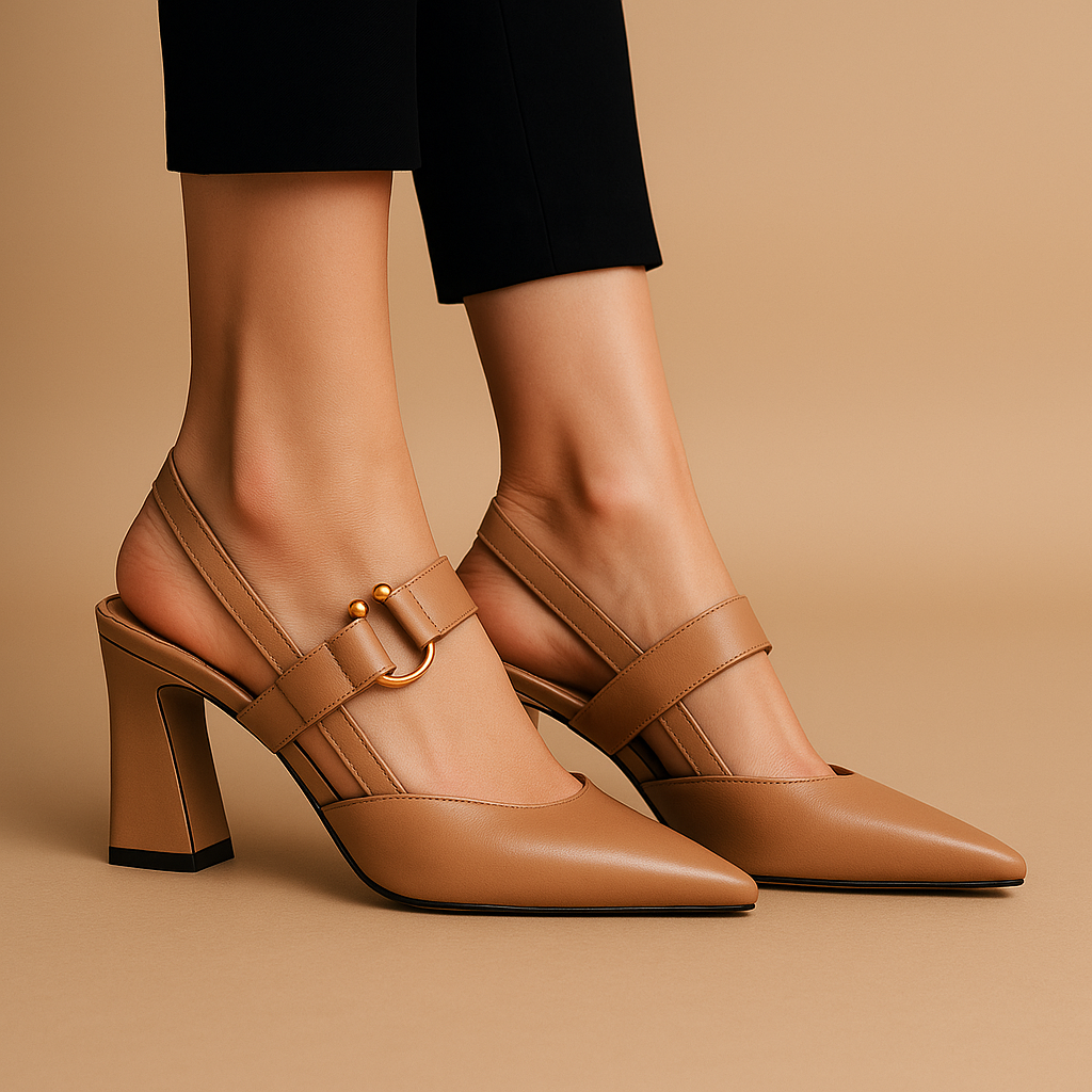 Women's elegant block heel sandals, comfortable dress heels with a golden ring, suitable for evenings.