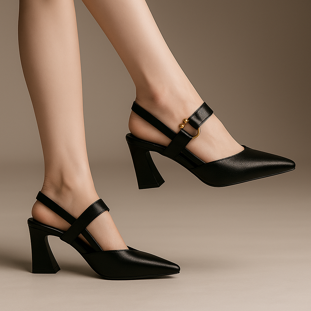 Beautiful women's block heel sandals, an elegant choice with a golden ring accent for special events.