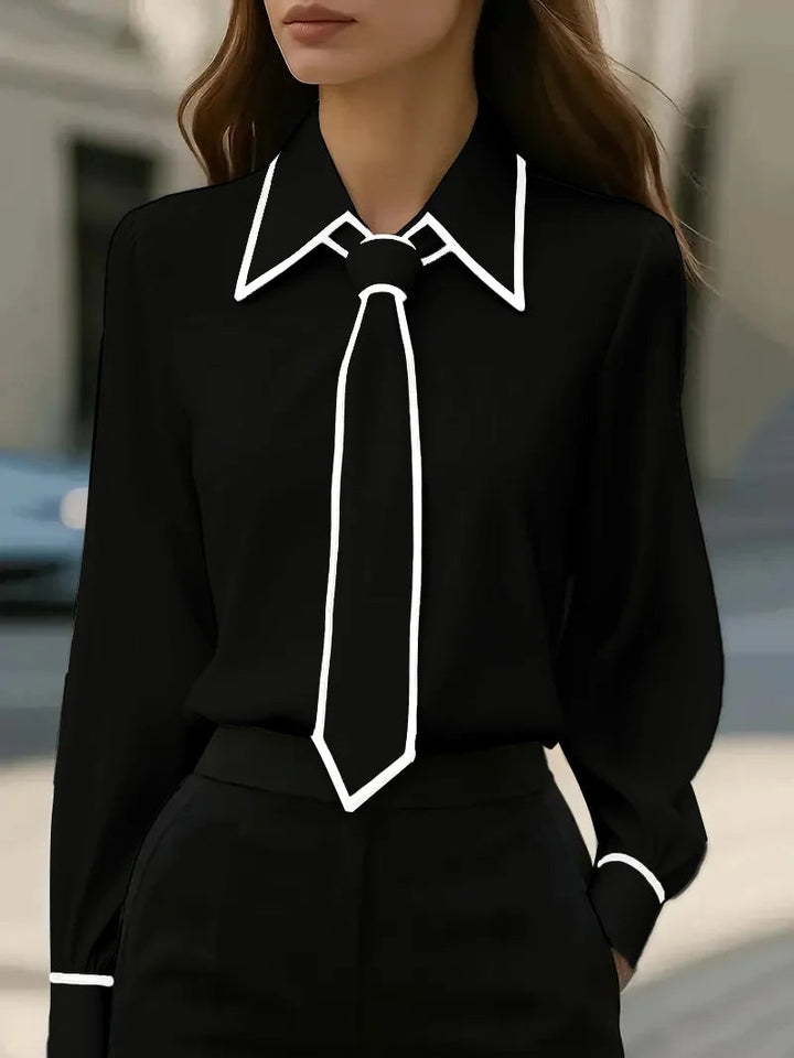 Chic women's button-down blouse with detachable tie neck & contrast trim. Wrinkle-free, versatile fashion top.