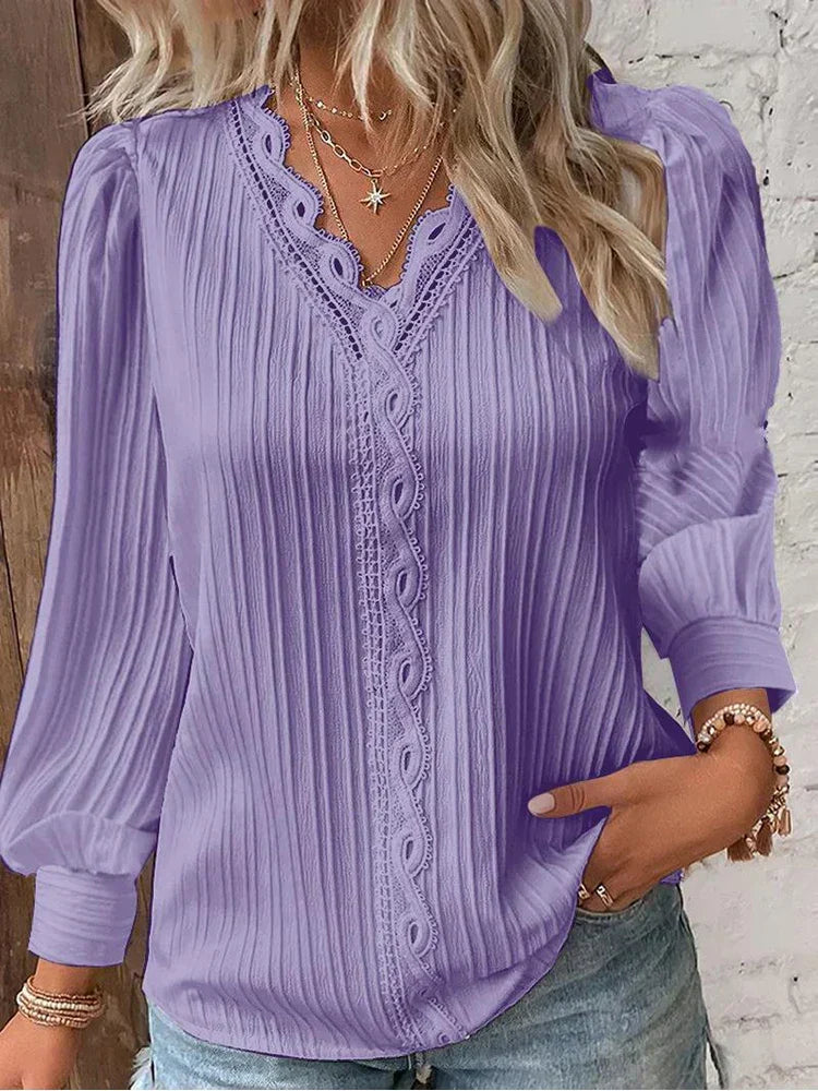 Delicate lace detail women's blouse, relaxed fit, ideal elegant top for spring & summer fashion.