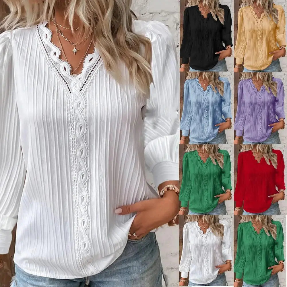 Chic women's top: elegant blouse with delicate lace details, perfect for spring/summer casual & dressy fashion.