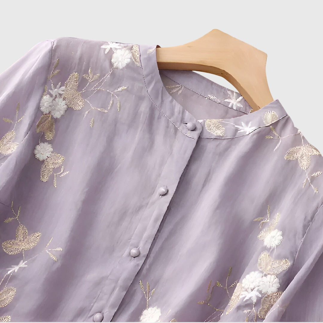 Chic women's embroidered floral blouse, a relaxed fit elegant top for special occasions & stylish apparel.