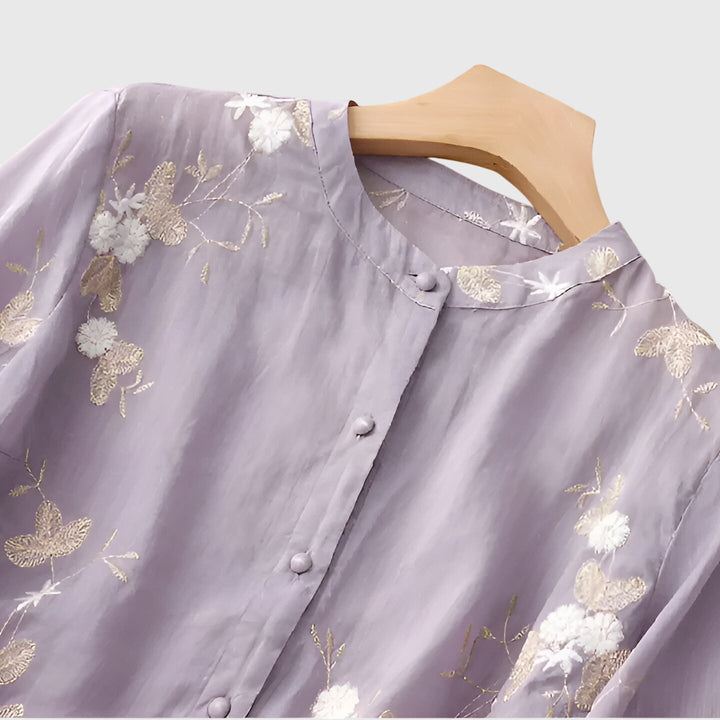 Chic women's embroidered floral blouse, a relaxed fit elegant top for special occasions & stylish apparel.