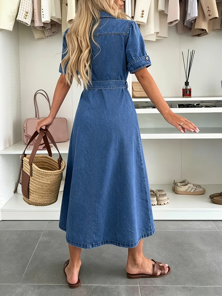 Casual chic women's blue dress featuring a button front, stylish puff sleeves, and a flattering belted design.