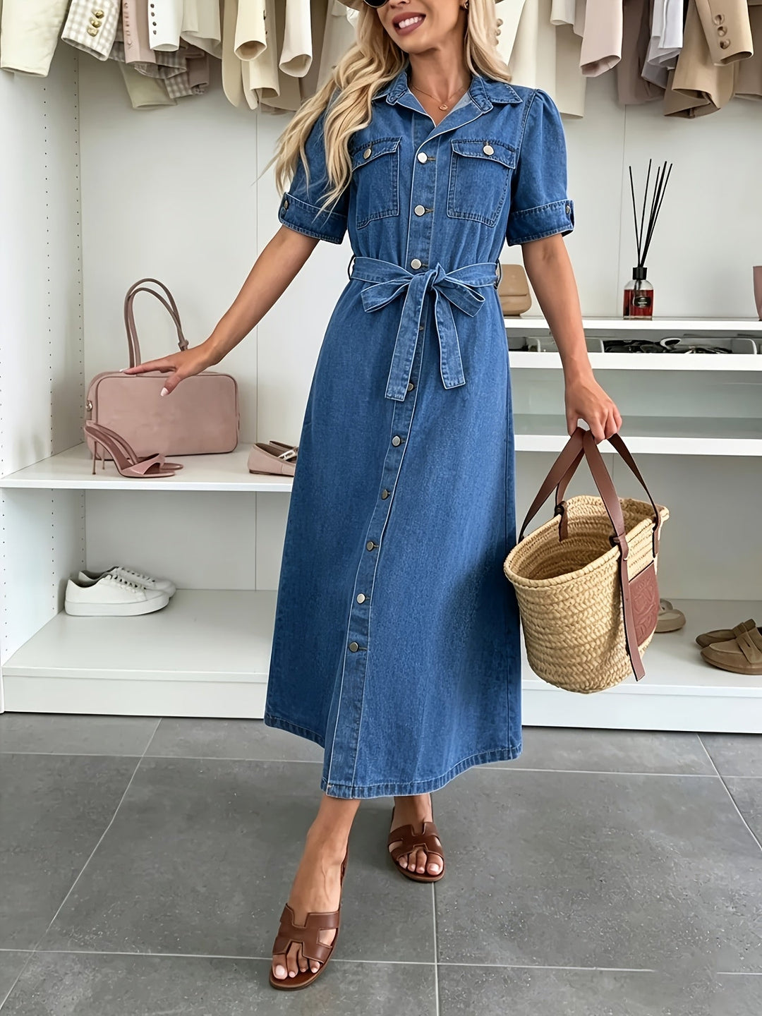 Close-up of a women's blue button-front dress, showcasing puff sleeves, elegant fabric, and a stylish belted detail.