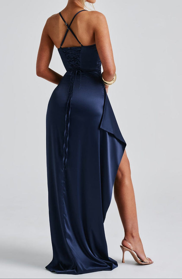 Chic women's tailored high-slit cocktail dress with delicate straps, ideal for evening events.
