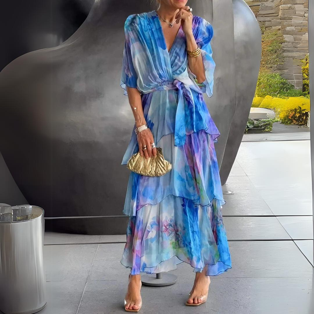 Elegant women's blue V-neck cocktail dress with flattering draped design, perfect for evening parties & special occasions.