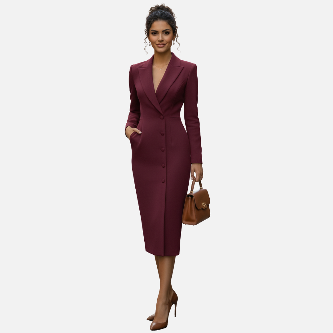 Professional women's power dressing bodycon blazer midi dress; elegant workwear with long sleeves.
