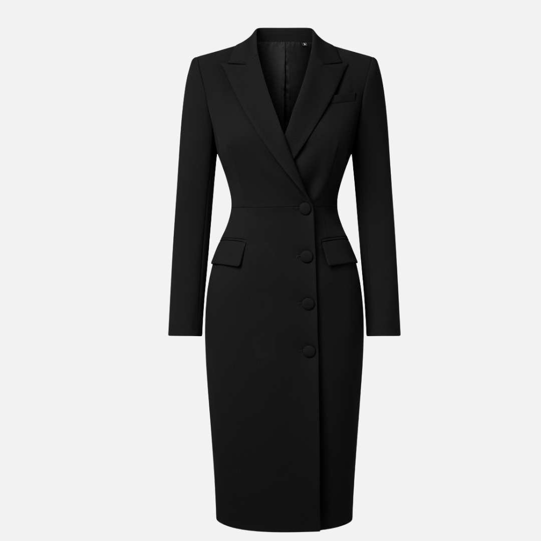 Chic women's bodycon midi dress featuring a blazer design, long sleeves, and a flattering v-neck.