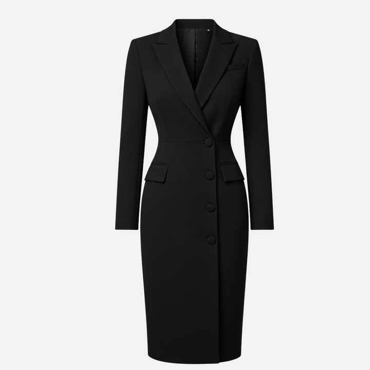 Chic women's bodycon midi dress featuring a blazer design, long sleeves, and a flattering v-neck.