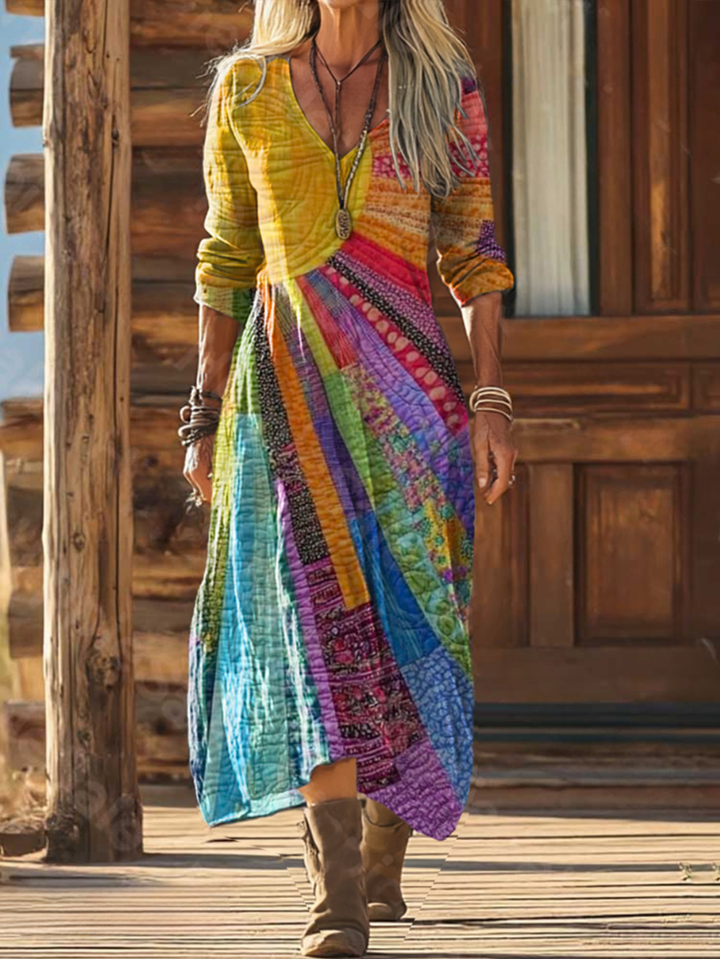 Elegant women's bohemian midi dress with a flowy skirt and v-neck, perfect for stylish everyday wear.