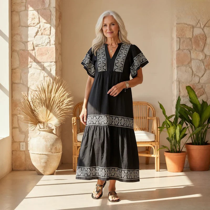 Elegant Women's Boho Midi Dress. A-line silhouette, perfect for summer & spring casual wear. Comfortable bohemian fashion.