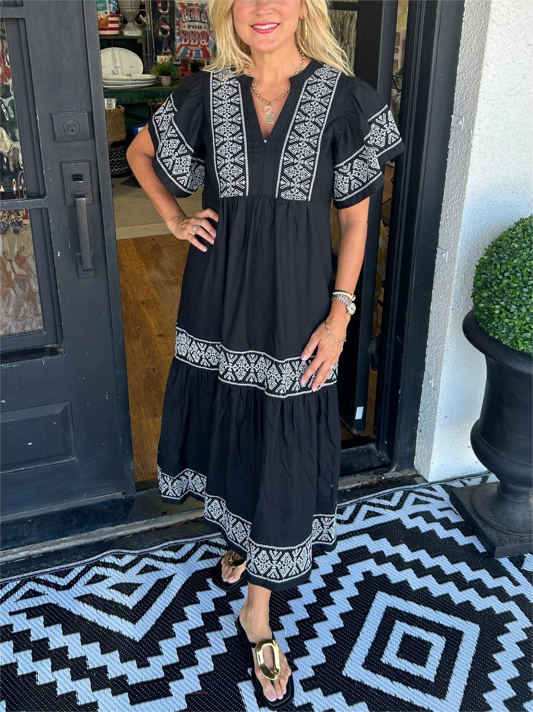 Embroidered Women's Boho Midi Dress. Elegant A-line cut, ideal for spring/summer comfort and effortless style.