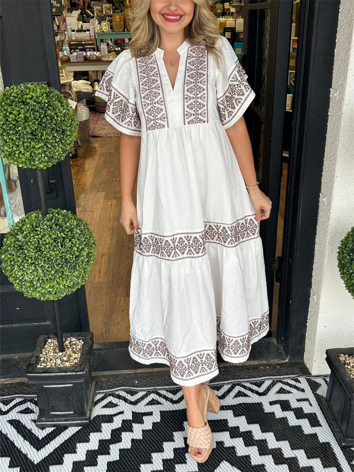 Comfy Women's Elegant Boho Midi Dress. Effortless A-line style, perfect for casual spring & summer bohemian fashion.