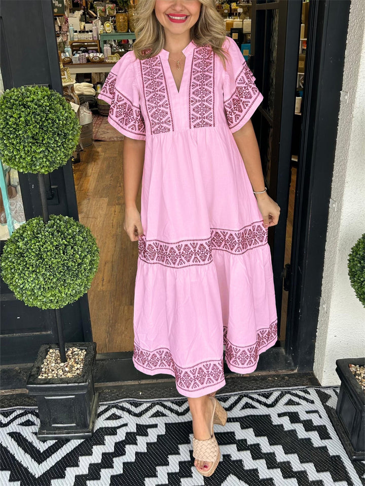 Full-length Women's Boho Midi Dress. Elegant A-line, comfortable & flowy, perfect for summer and spring fashion.