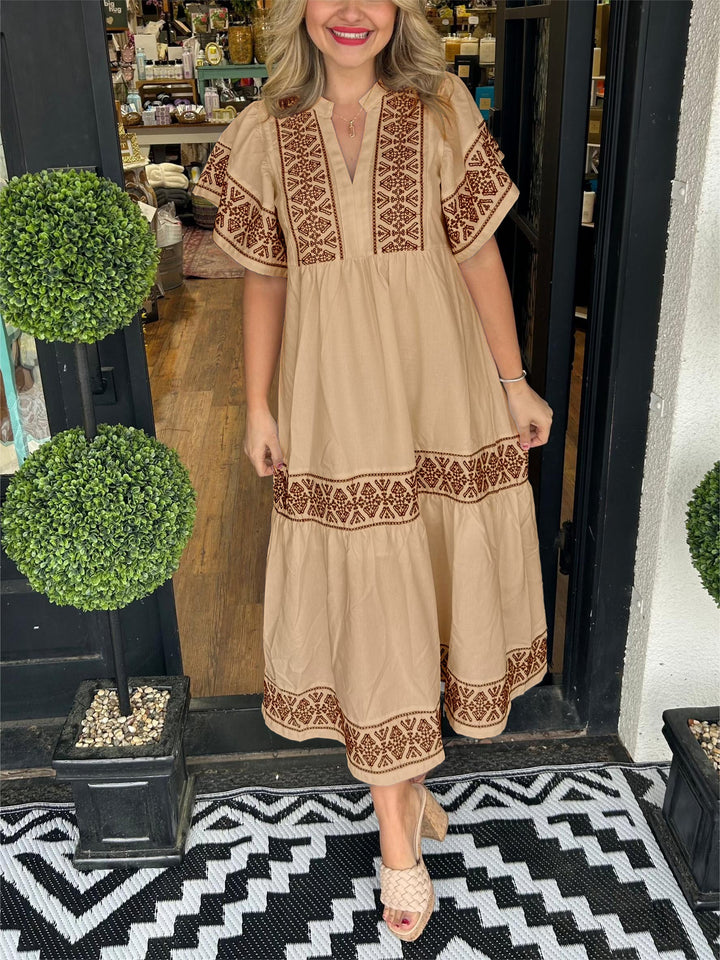 Bohemian Embroidered Women's Midi Dress. Elegant A-line, comfy & flowy, ideal for spring/summer effortless style.