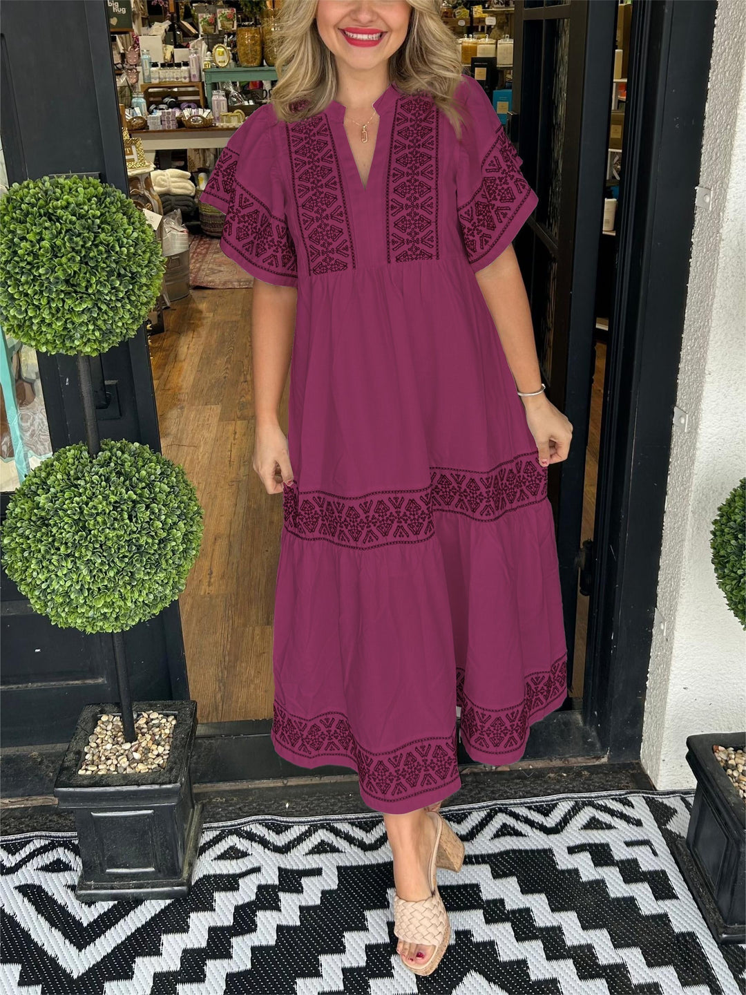 Stylish Women's Elegant Boho Midi Dress. A-line silhouette, comfortable bohemian fashion for spring & summer wear.