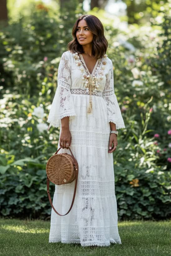 Elegant women's boho V-neck maxi dress, perfect for effortless summer style & comfort. Flowy long design.