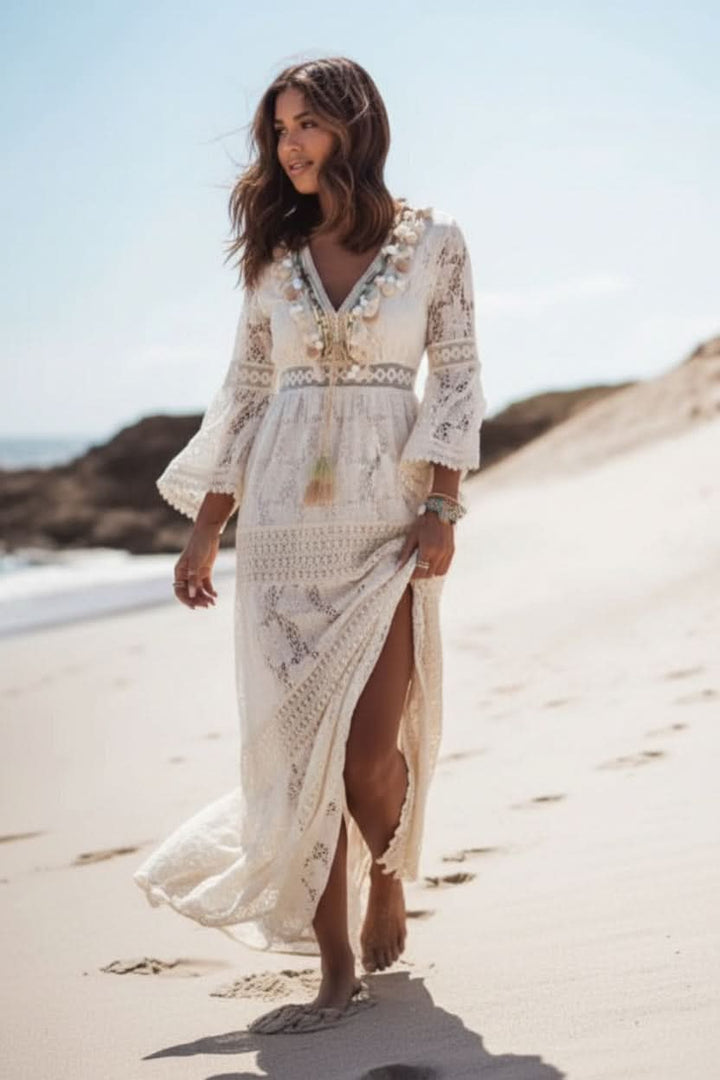 Stylish V-neck long maxi dress for women, with a chic boho design. Versatile for day to night & festivals.