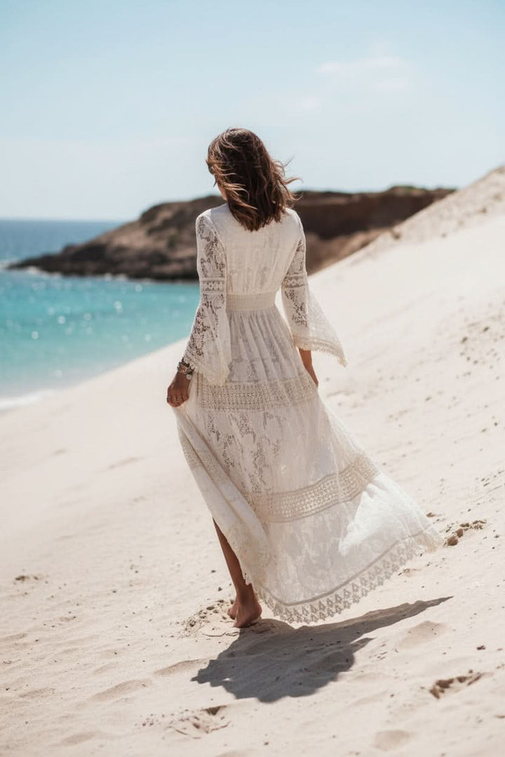 Effortless elegance in a women's V-neck boho maxi dress. Long, flowy summer dress for casual or beach wear.