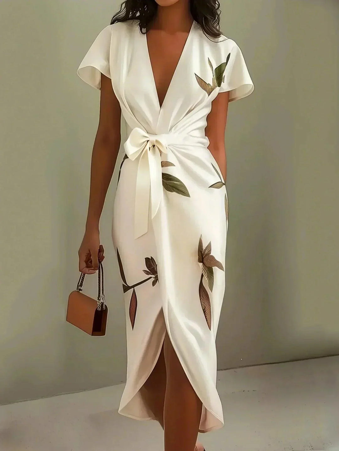 Elegant women's botanical print midi dress with V-neck, flutter sleeves, and a stylish bow-tie detail, perfect for summer parties.