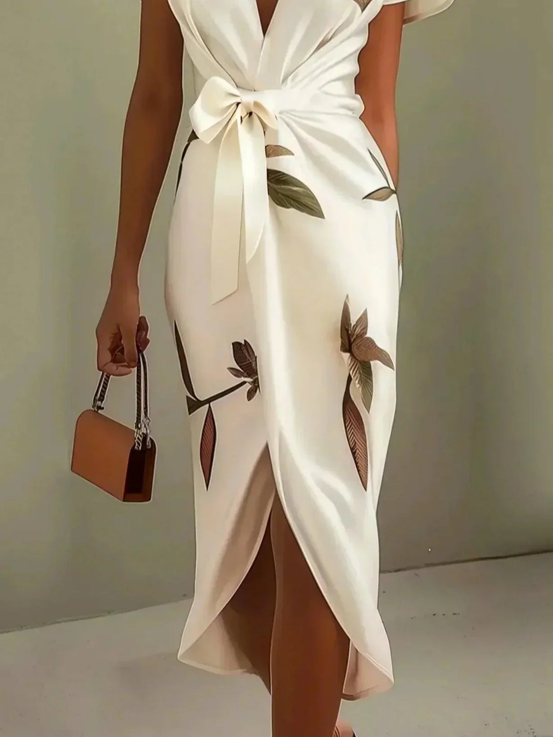 Beautiful women's botanical print midi dress with a V-neck, flutter sleeves, and bow-tie accent, perfect elegant summer wear.