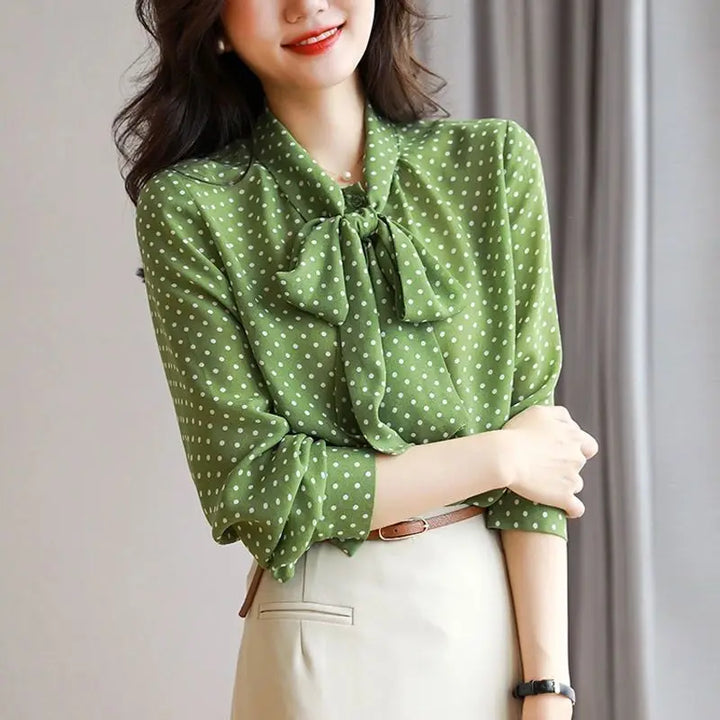 Elegant women's bow blouse with a stylish shawl collar, perfect for office or formal wear.