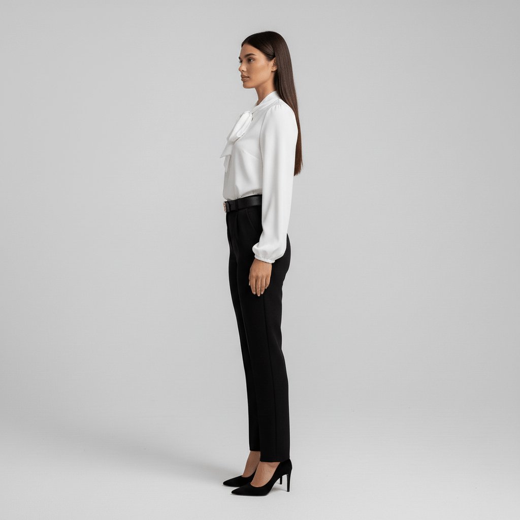 Elegant women's blouse with a refined bow tie neck and fashionable puff sleeves for business or casual outfits.