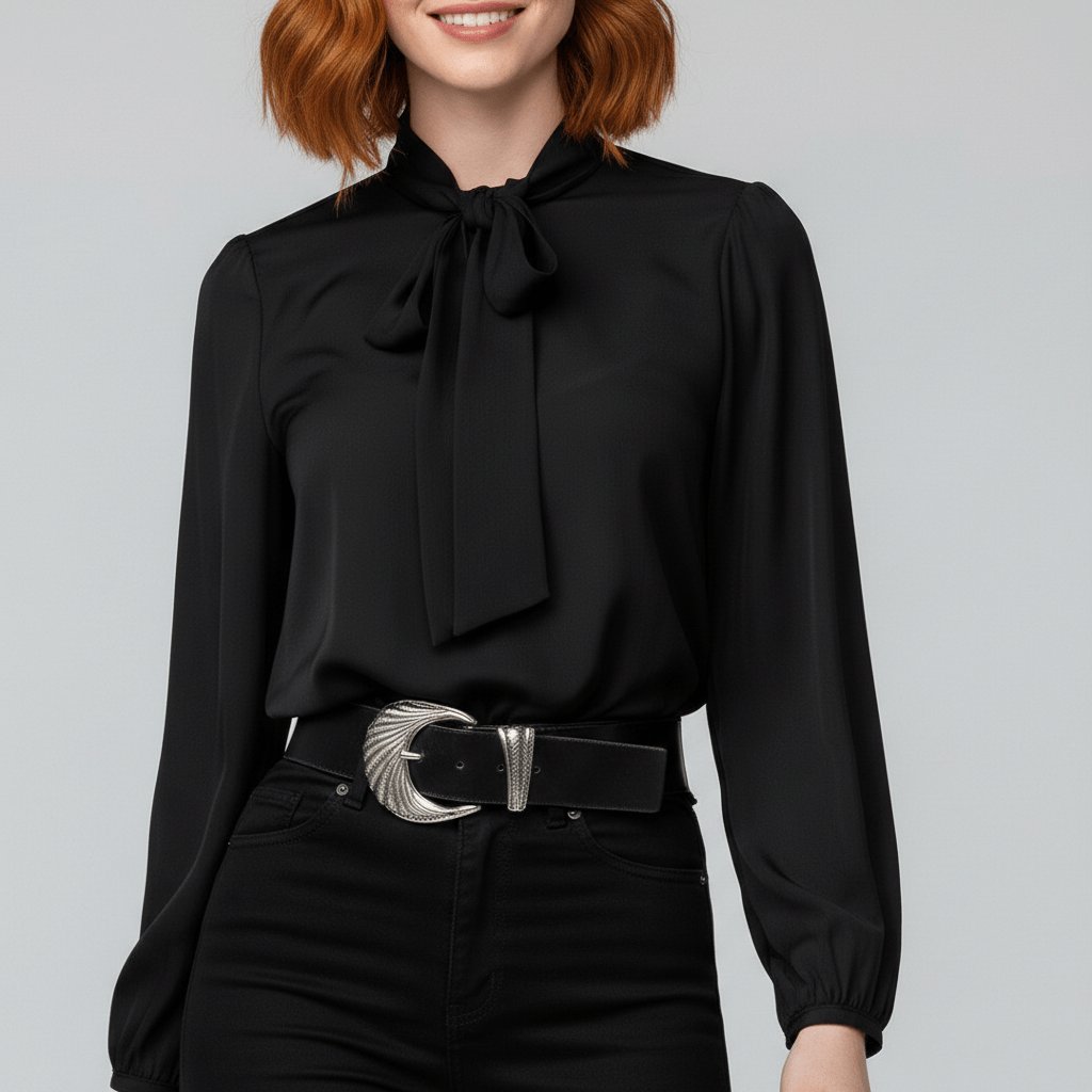 Fashionable women's elegant blouse with a graceful bow tie neck and trendy puff sleeves.