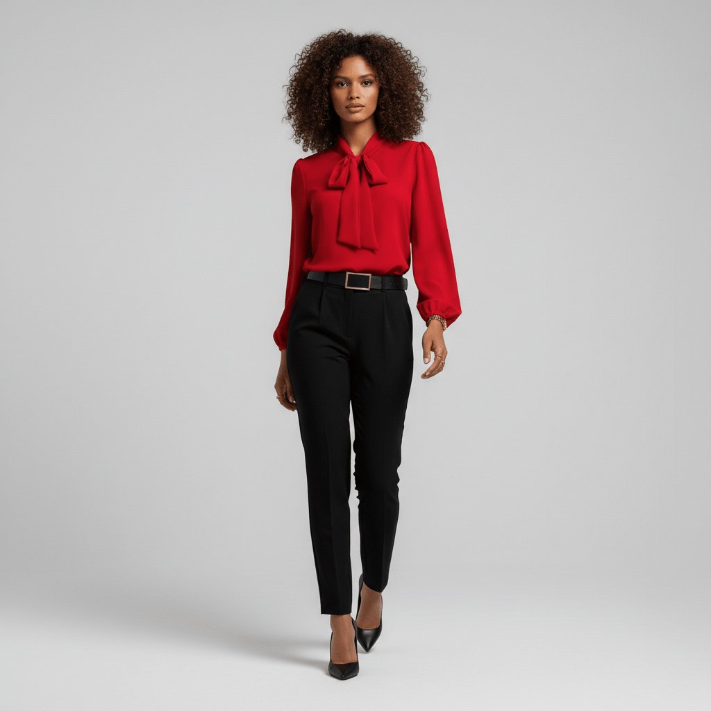 Chic women's business casual top: an elegant puff sleeve blouse with a flattering bow tie neck.