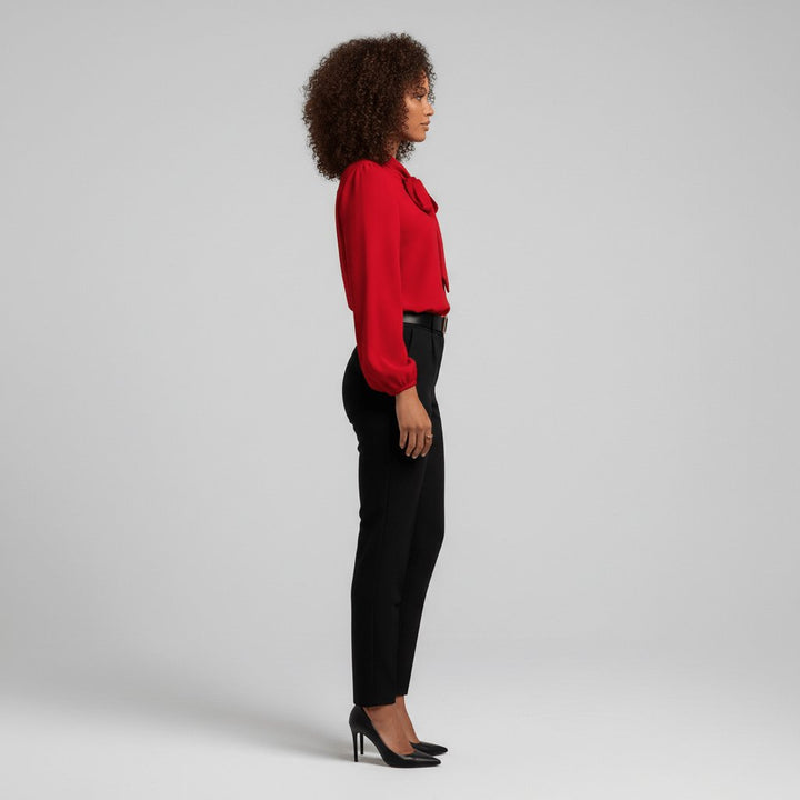 Timeless women's puff sleeve blouse, an elegant choice with a classic bow tie neck for formal wear.