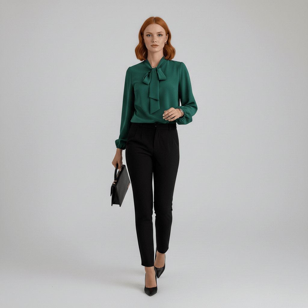 Stylish women's long sleeve blouse featuring puff sleeves and a sophisticated bow tie neck.