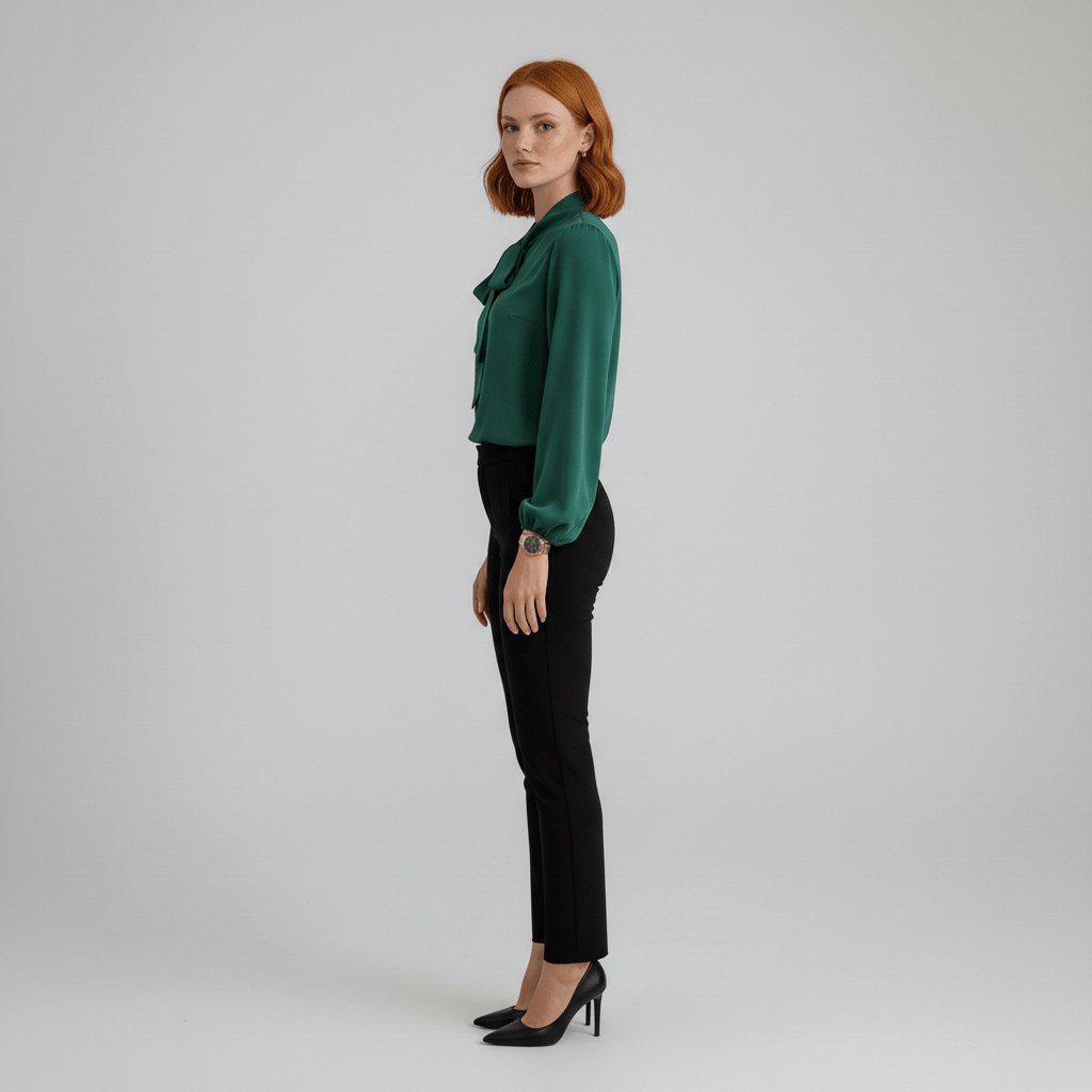 Sophisticated women's apparel: elegant blouse with a timeless bow tie neck and puff sleeves.