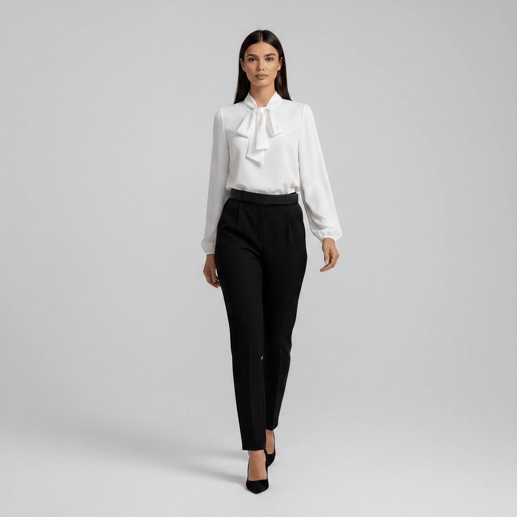 Trendy women's puff sleeve blouse with a chic bow tie neck, perfect for versatile fashion and office.