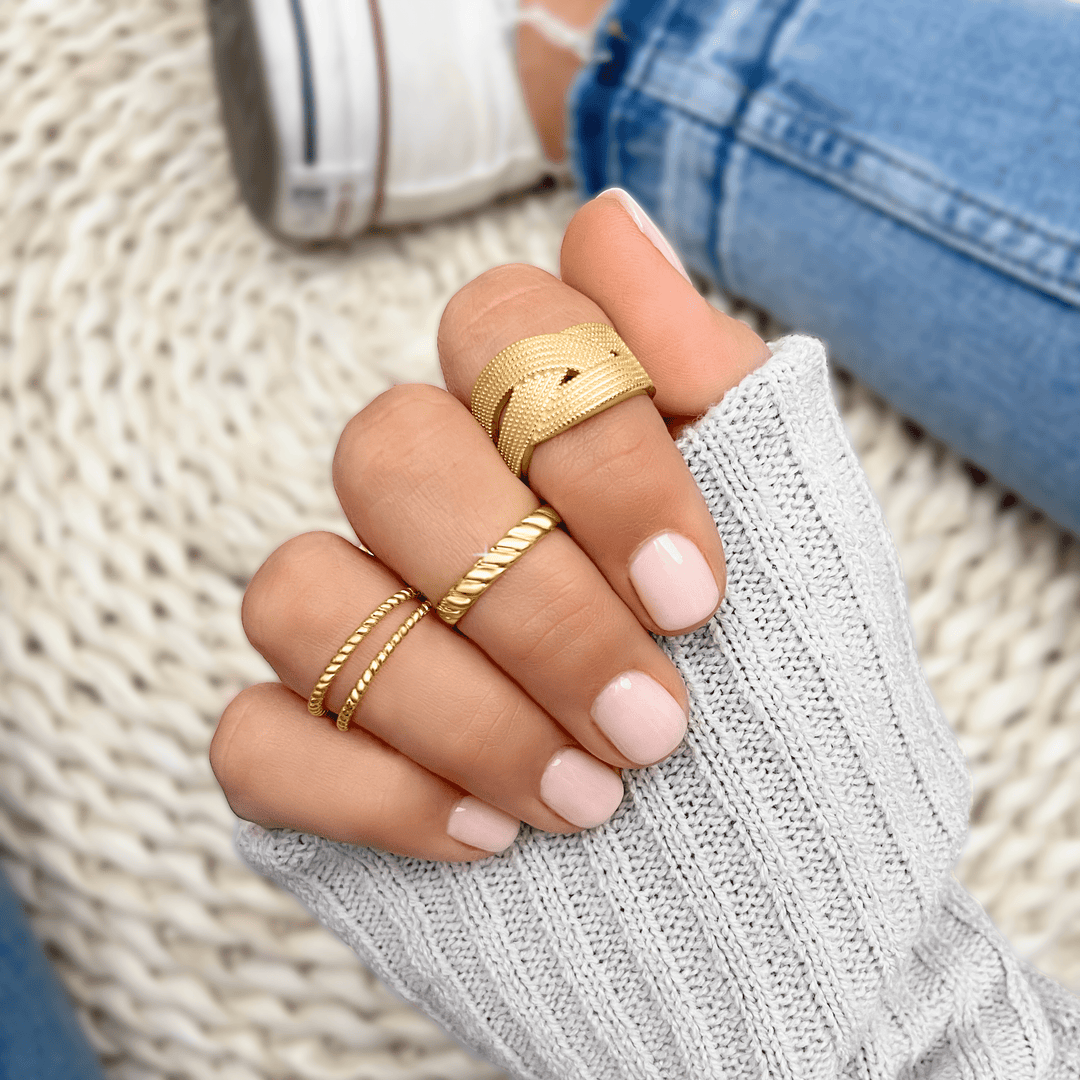 Stackable braided double ring for women, crafted from sterling silver with chic gold plating, elegant gift for her.