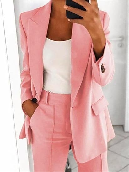 Modern women's elegant pant suit with a sharp blazer, ideal for professional office and sophisticated style.