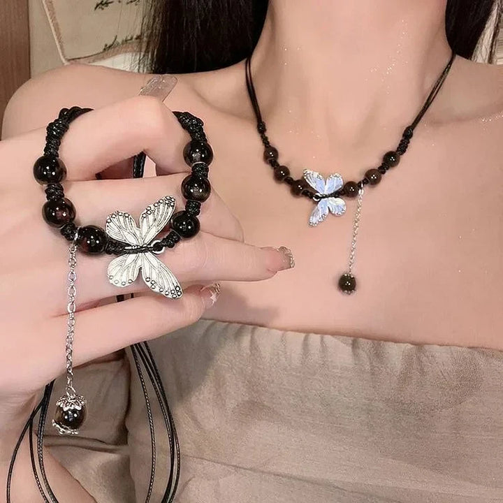 Stunning Aurora butterfly & pearl necklace for women. Elegant, delicate jewelry piece, fashion accessory.