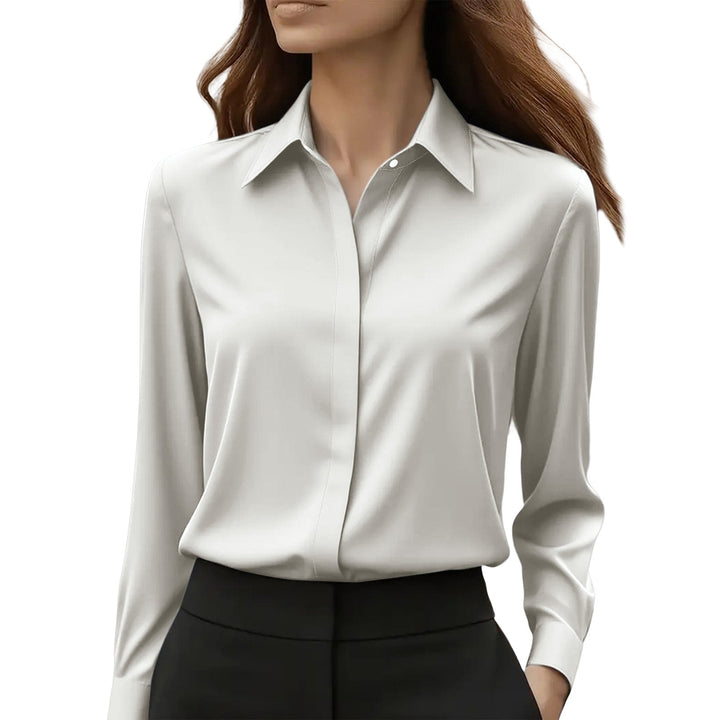 Sophisticated women's button blouse, a long-sleeve elegant top with clean lines for workwear.