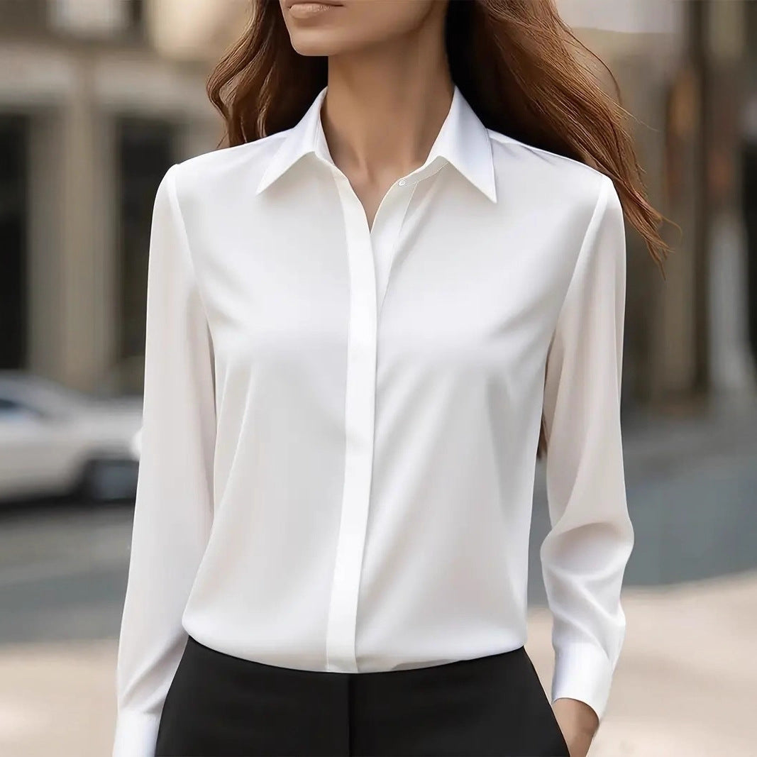 Professional women's button-up blouse, a chic long-sleeve top for elegant workwear attire.