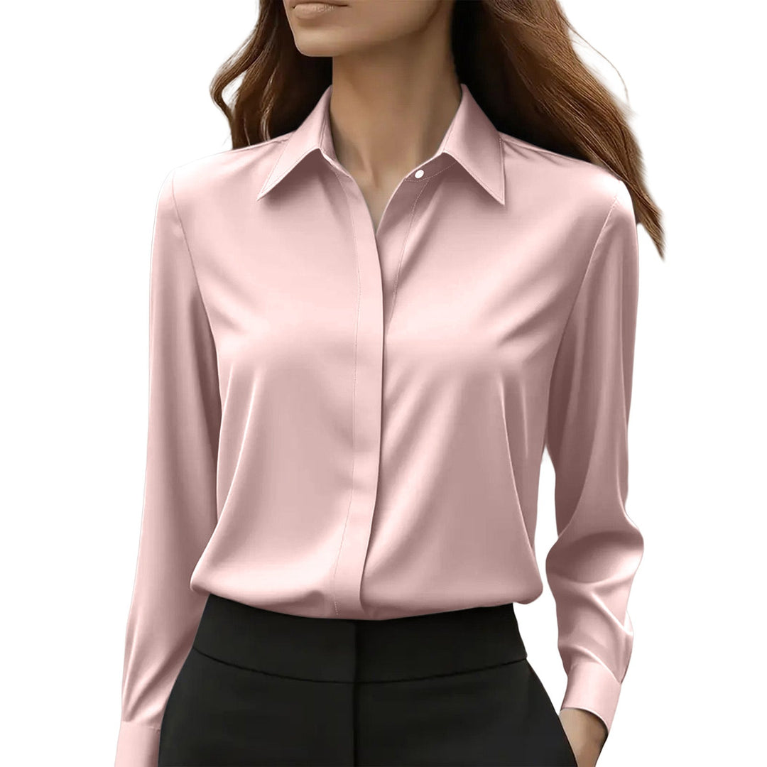Modern elegant women's button blouse, a comfortable long-sleeve top for polished office fashion.