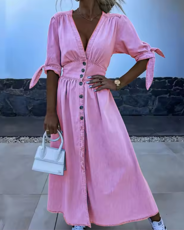 Comfortable women's A-line dress, featuring elegant button-down front & short sleeves. A classic & flattering fit for summer.