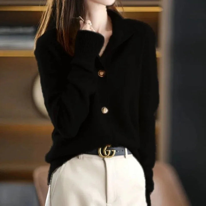 Stylish women's long-sleeve button cardigan. Perfect chic fall fashion or warm winter outfit layering.