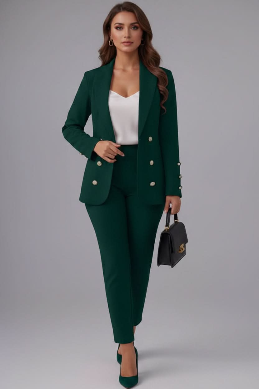 Modern women's tailored cami top and straight-leg pants, a stylish two-piece set for work or events.
