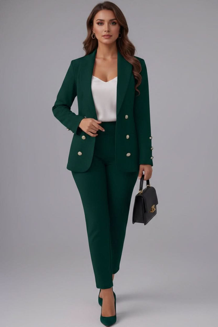 Modern women's tailored cami top and straight-leg pants, a stylish two-piece set for work or events.